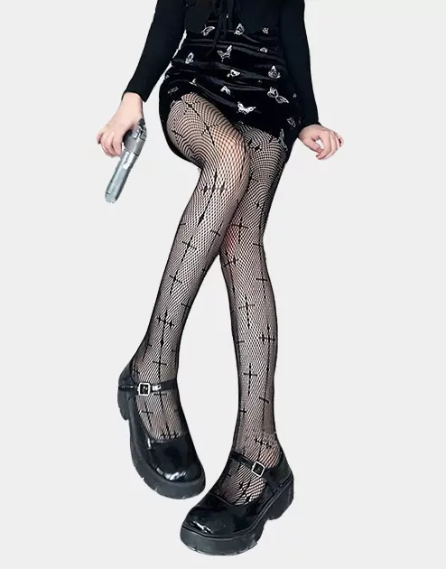 Red Gothic Punk Tights with Black Crosses