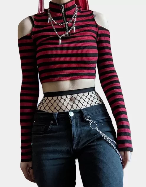 Red And Black Striped Crop Top